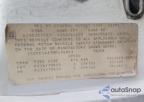 1991 Chevrolet Gmt-400 C1500 z USA, uszkodzony, nr VIN 1GCEC14Z3ME154853